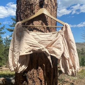 Cute linen cropped puff sleeve front tie blouse